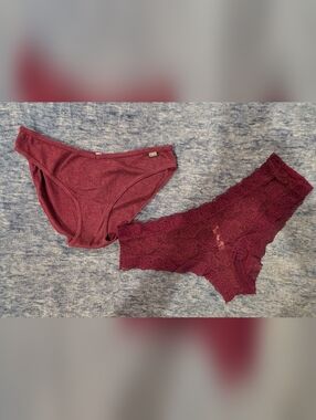 PINK Victoria's Secret Ribbed Bikini & Lace Hipster in Burgundy